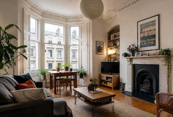 clean and tidy and modern living room in a traditional Leith tenement flat